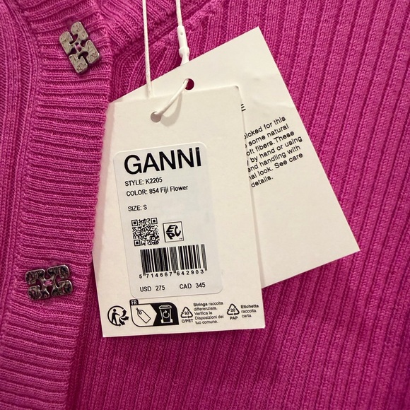 Ganni Ribbed V-Neck Cardigan in Magenta Pink. Wool. Size S - Picture 2 of 4
